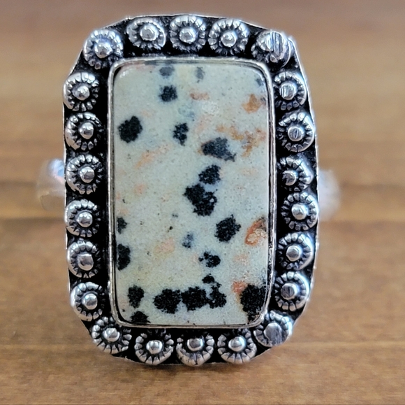 Vintage Jewelry - Indian Dalmatian Jasper Gemstone Silver Ring Women Size 10 Western Jewelry Boho